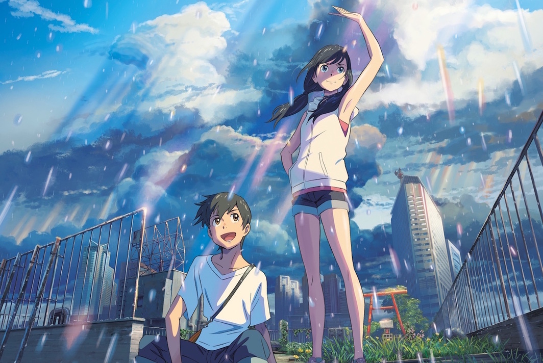 Hina and Hodaka pose in the rain for the official poster art of Weathering with You. (Shinkai, Makoto, dir. Weathering with You. 2019.)