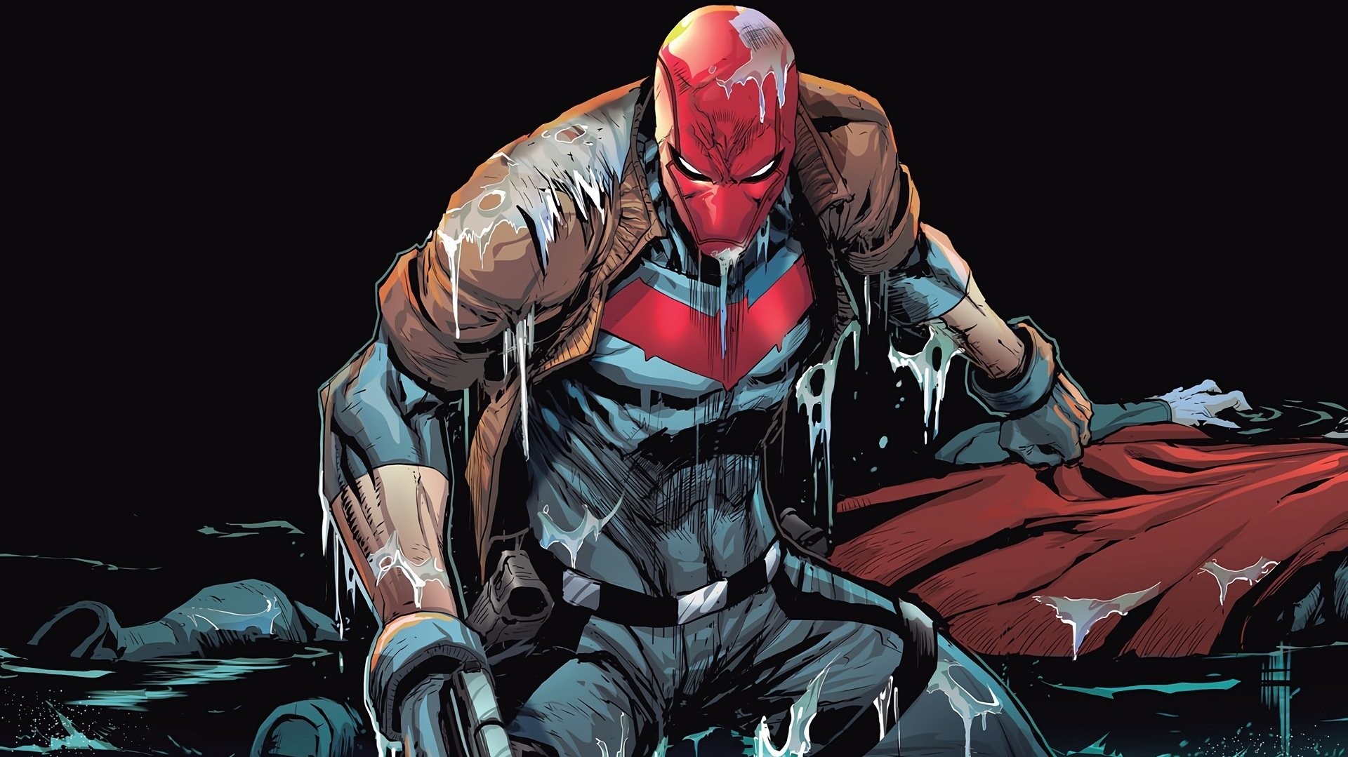 Red Hood rising after making an escape into some water in Red Hood And The Outlaws #5. Art by Dexter Soy.