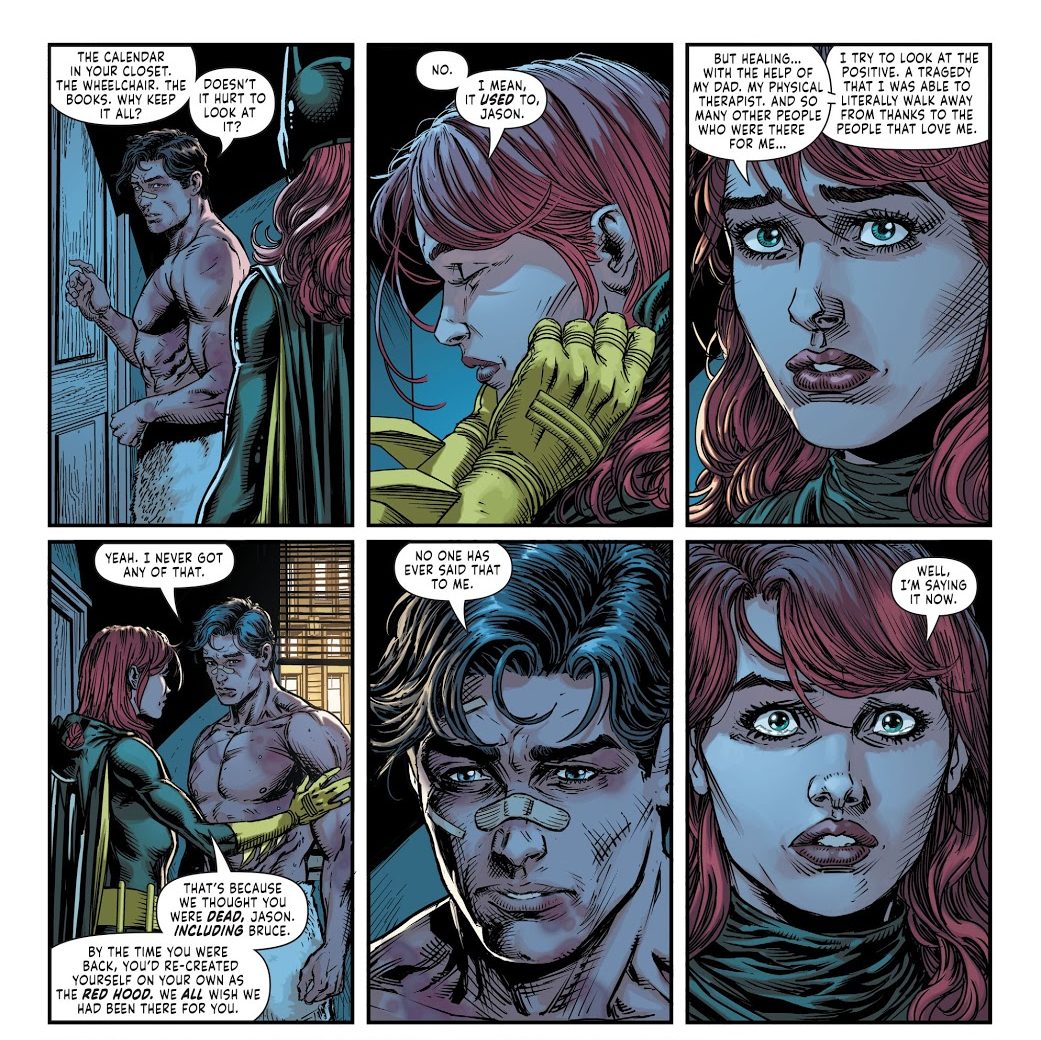 Barbara Gordon tells Jason Todd about how she healed from her trauma because of the support she had, how she wishes she could have helped him the same way. From Batman: Three Jokers #2 (written by Geoff Johns, drawn by Jason Fabok).