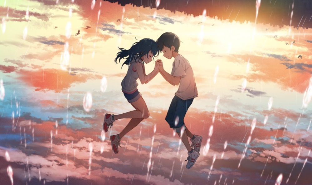 Hina and Hodaka cling to each other as they fall from the sky in Weathering with You. (Shinkai, Makoto, dir. Weathering with You. 2019.)