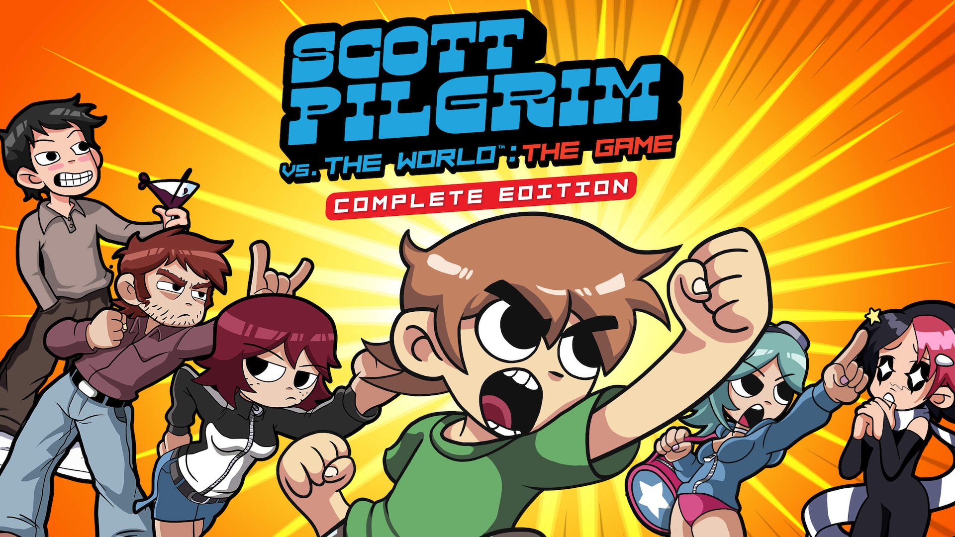 Promotional art for “Scott Pilgrim vs. The World: The Game - Complete Edition," including Scott, Ramona, Knives, Kim, Stephen, and Wallace.