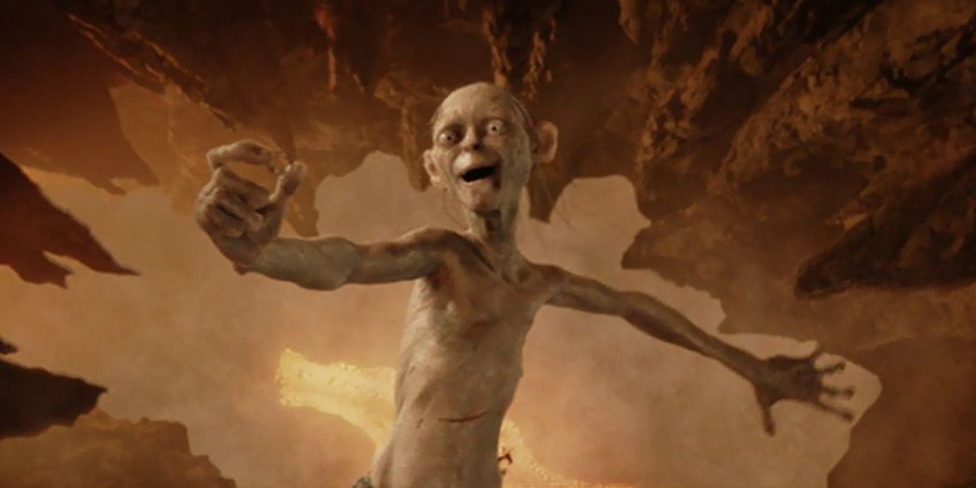 Gollum (Andy Serkis) plummets to his death in the fiery depths of Mount Doom while simultaneously destroying the One Ring.