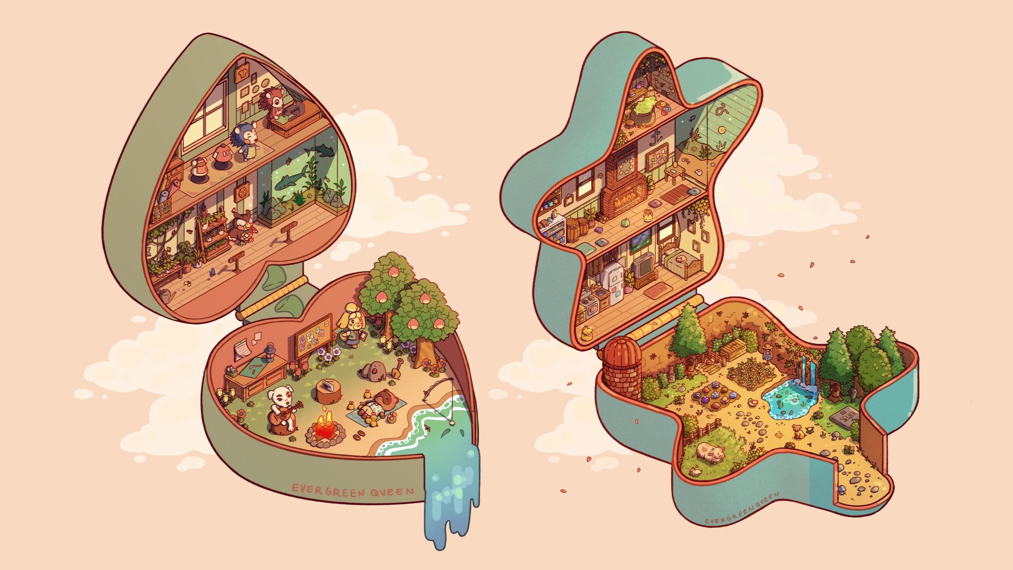 Popular woman artist @evergreenqveen who makes video game related artwork. This artwork depicts "Animal Crossing" and "Stardew Valley" combination. 