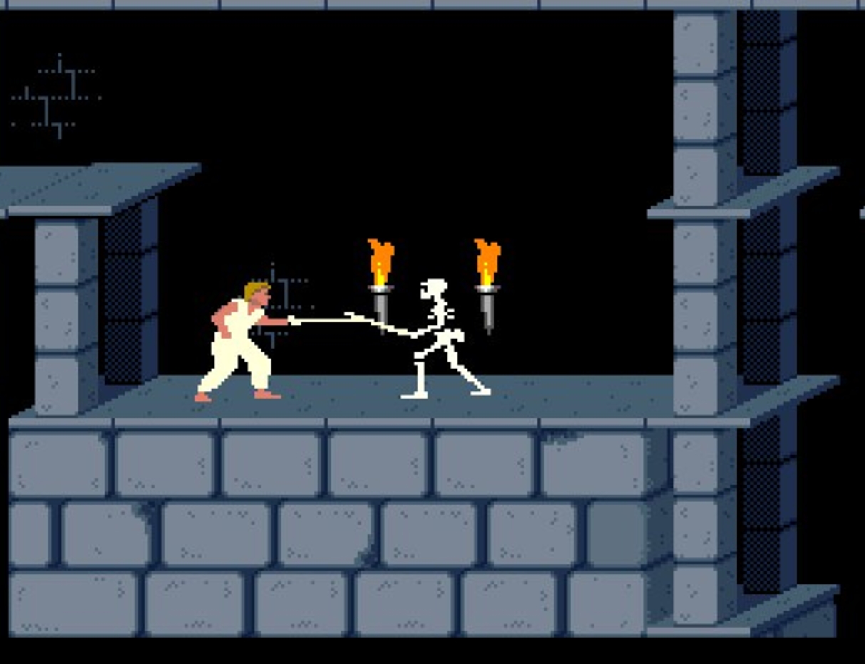 A screenshot from Prince of Persia on MS DOS, with the main character fencing a skeleton in a dark dungeon.