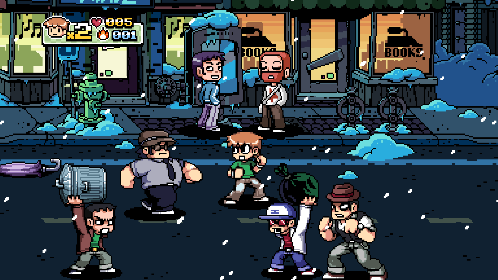 Scott Pilgrim faces off against generic, beat-em-up goons on the snowy streets of Toronto.