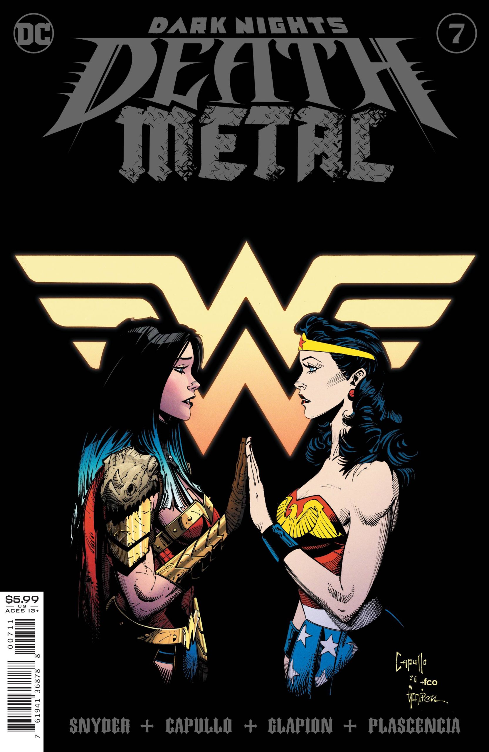 DC's current Wonder Woman stands face-to-face with a Golden Age version of herself, hands touching. Cover art by Greg Capullo. 