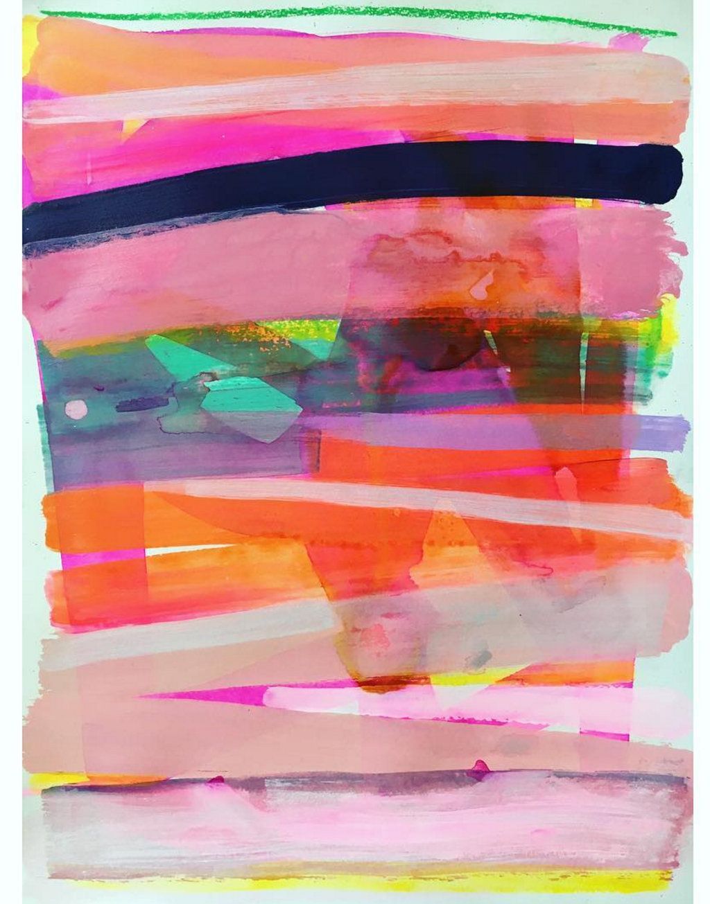 An abstract piece by Gee Gee Collins with different hues of pink, purple, yellow, and orange, in brush strokes, painted horizontally across the canvas. 