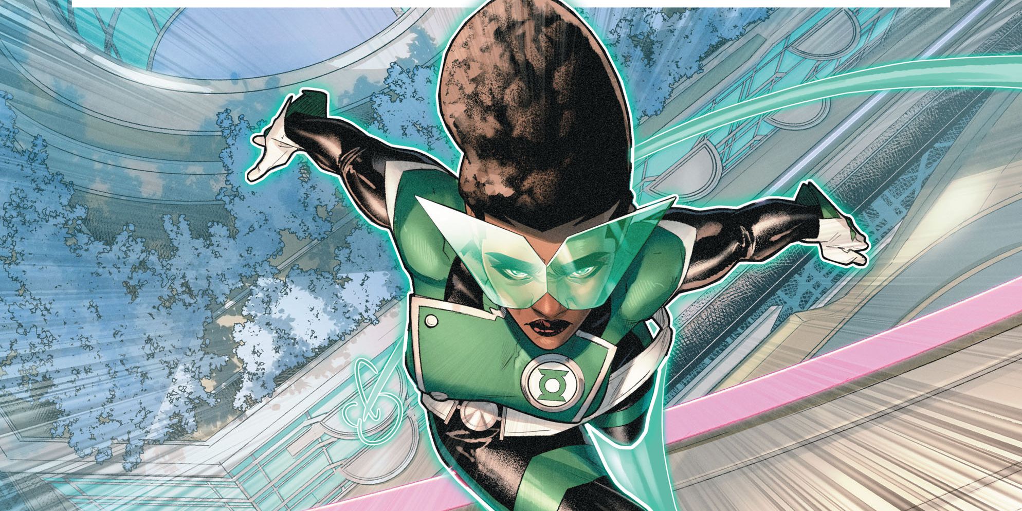 Green Lantern Jo Mullein soars straight ahead through the air in her uniform. Art by Jamal Campbell. 