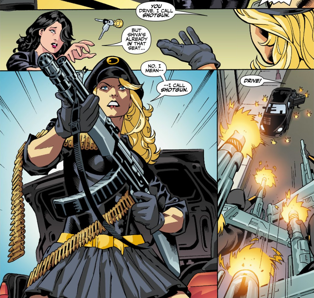 DC: Zinda Blake defends a car under attack with a big shotgun. She is draped in extra bullets. Art by Paulo Siqueira.