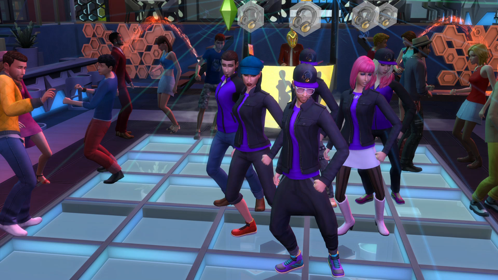 A group of five Sims are dancing on the dance floor at a club.