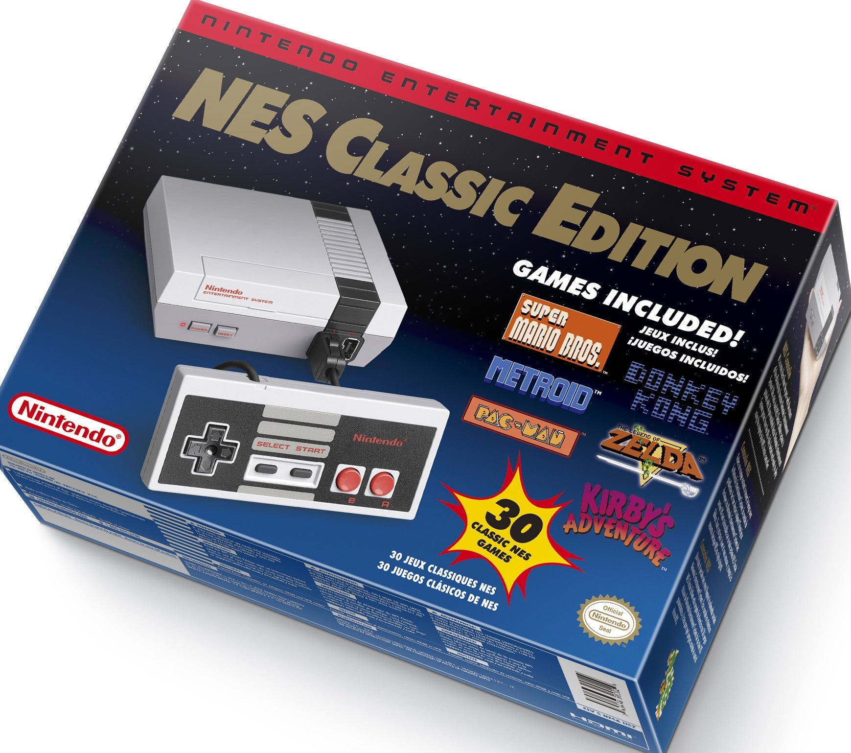 The NES Classic Edition box, with several built-in games listed.