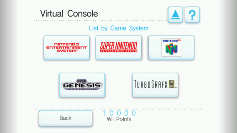 The Nintendo Wii Virtual console, with classic games available to purchase and listed by system.
