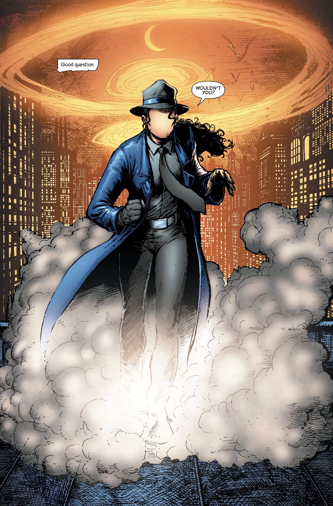 Renee Montoya as the Question walks out of a cloud of smoke in her iconic trench coat and fedora. Art by Darick Robertson.