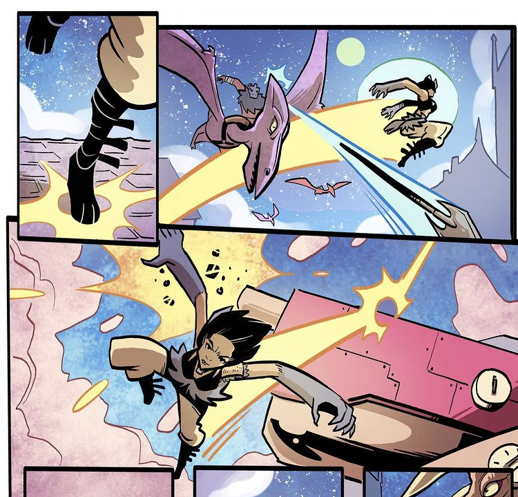 Panels from Vanquished: Weird Princ{ess}; Leah avoiding a spear being thrown at her from someone on a pterodactyl 