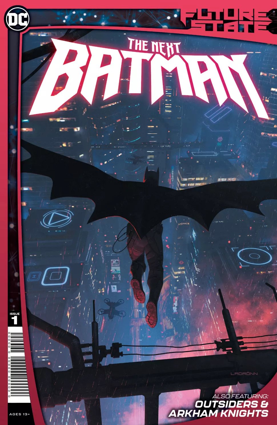 The next Batman leaps from a high perch into the futuristic sky of Gotham City. Cover art by José Ladrönn.
