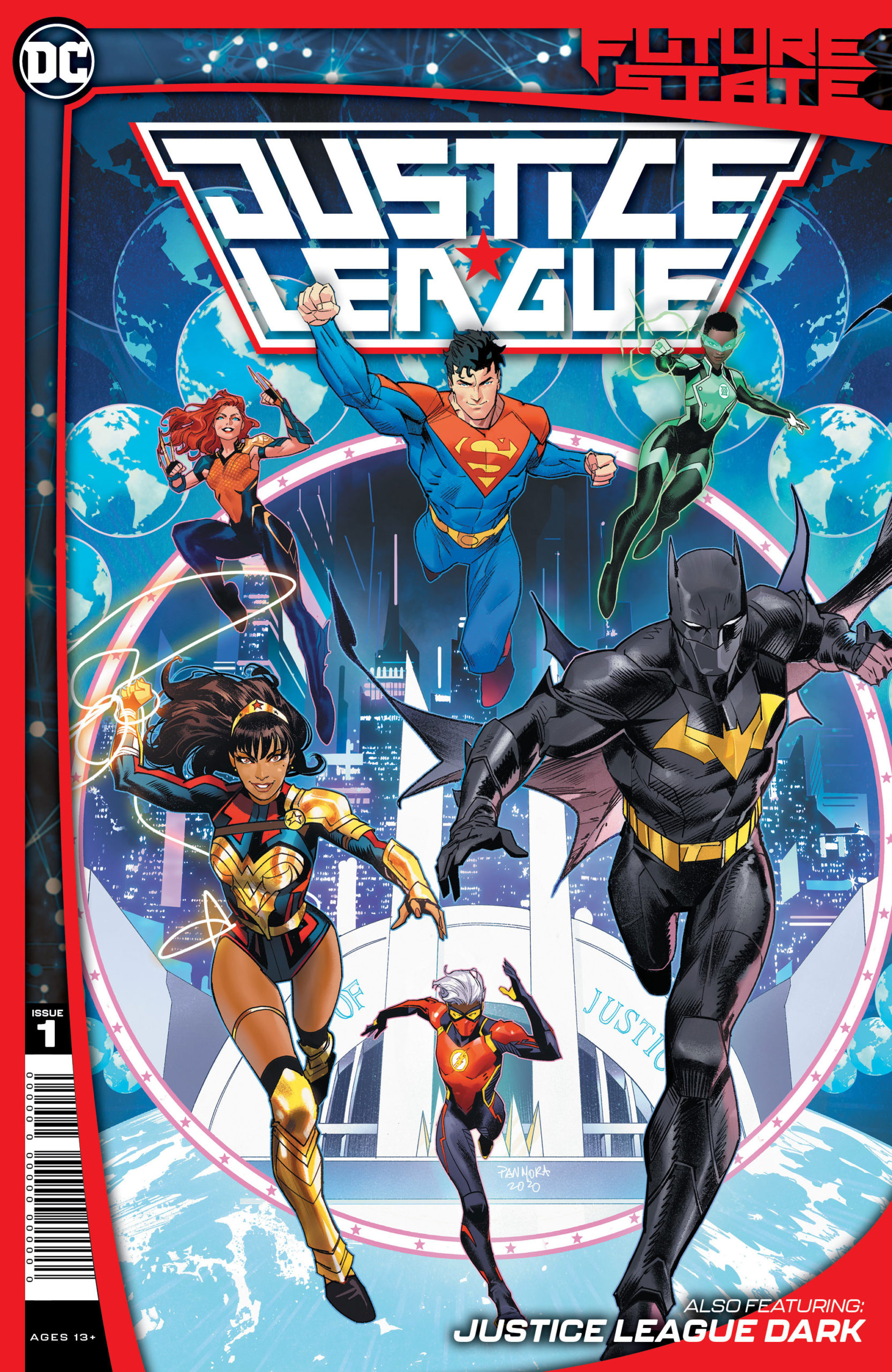 The Future State Justice League jumping into action on the cover of the first issue. Art by Dan Mora. 