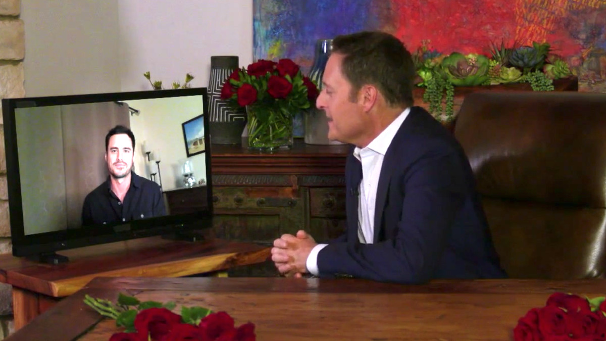 Chris Harrison video chatting with Ben Higgins in his home office on one of the makeshift Bachelor episodes. 