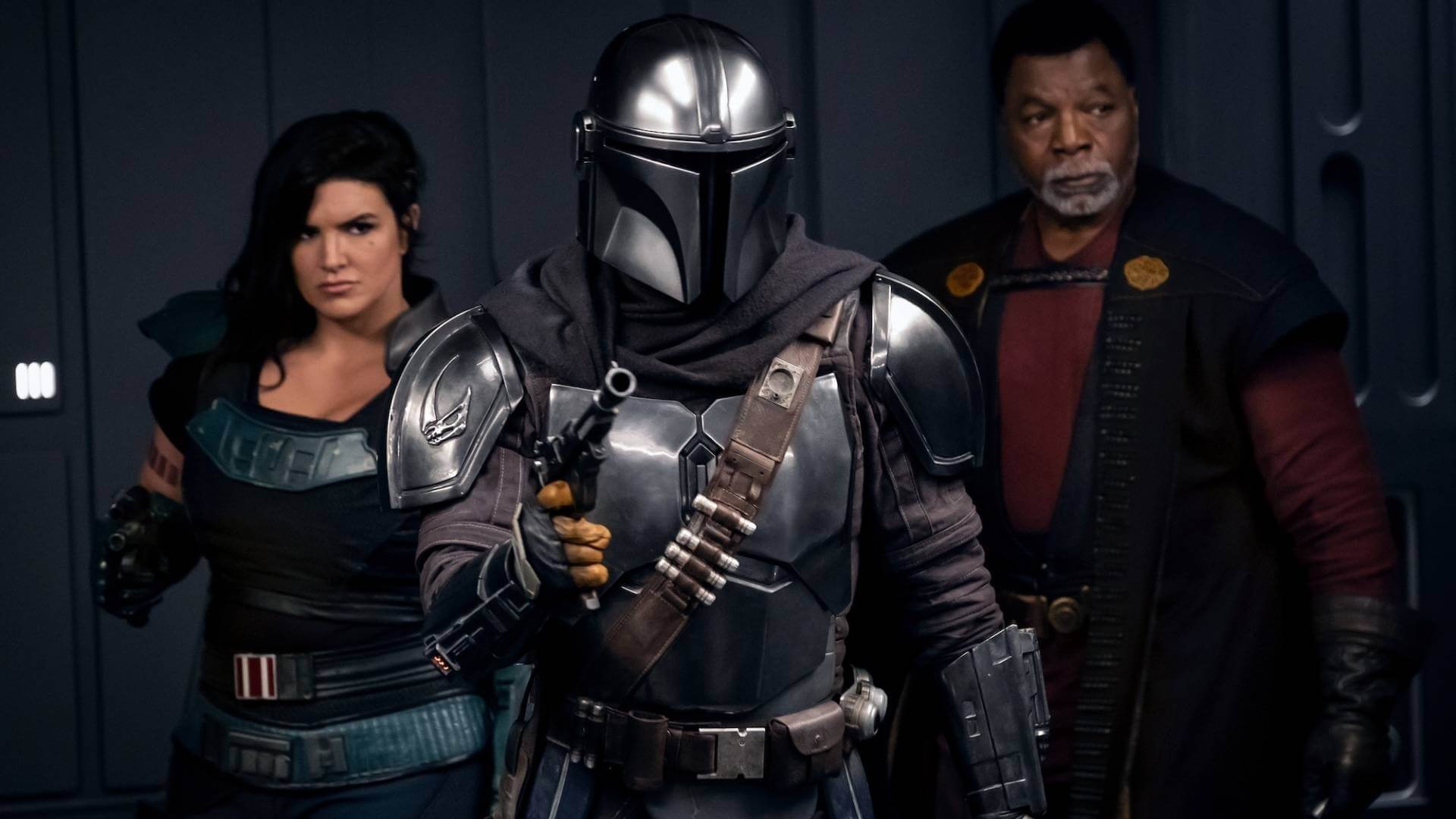 Din Djarin (The Mandalorian), Cara Dune, and Greef Karga. 