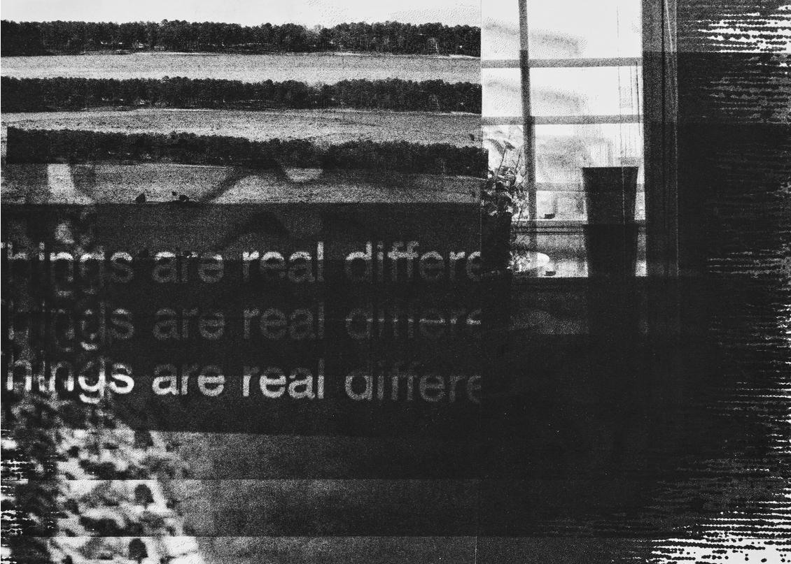 A risograph, or printed/media using an old scanning machine prints, in black and white "things are real different", three times, with a window and a home in the background. 