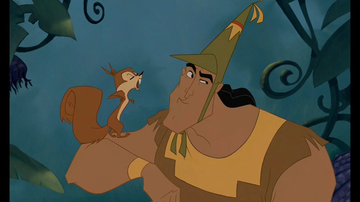 Kronk talks to his squirrel friend in Disney's animated film The Emperor's New Groove.