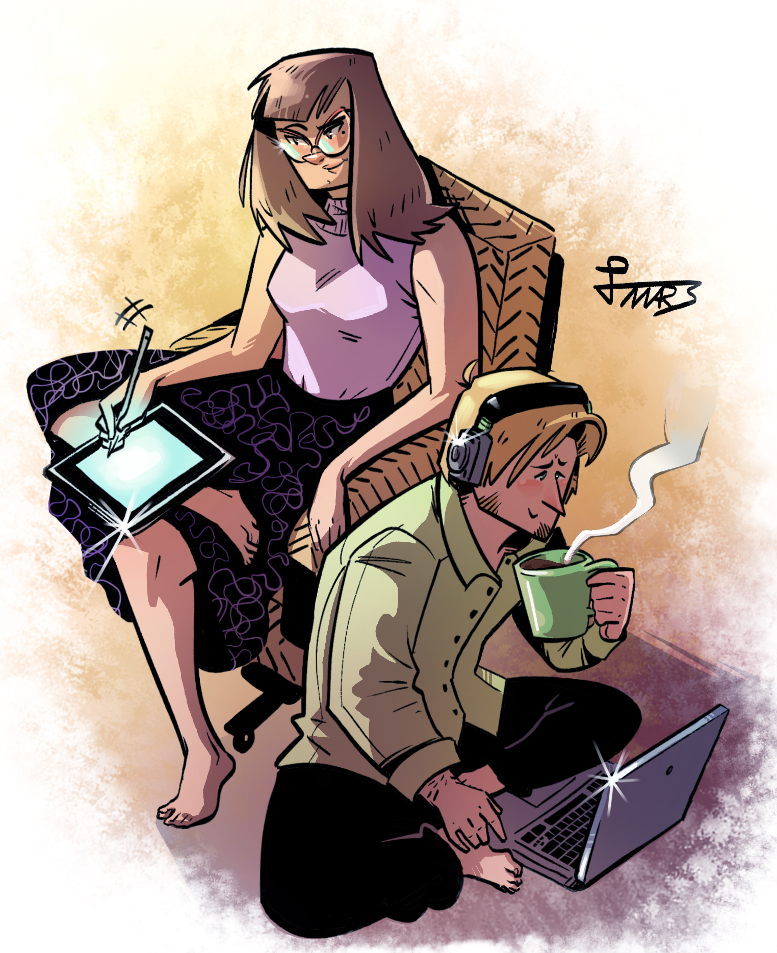 Artwork of Felicia siting on couch and drawing on a tablet. Ben is sitting next to her on the ground writing on his laptop and drinking coffee.