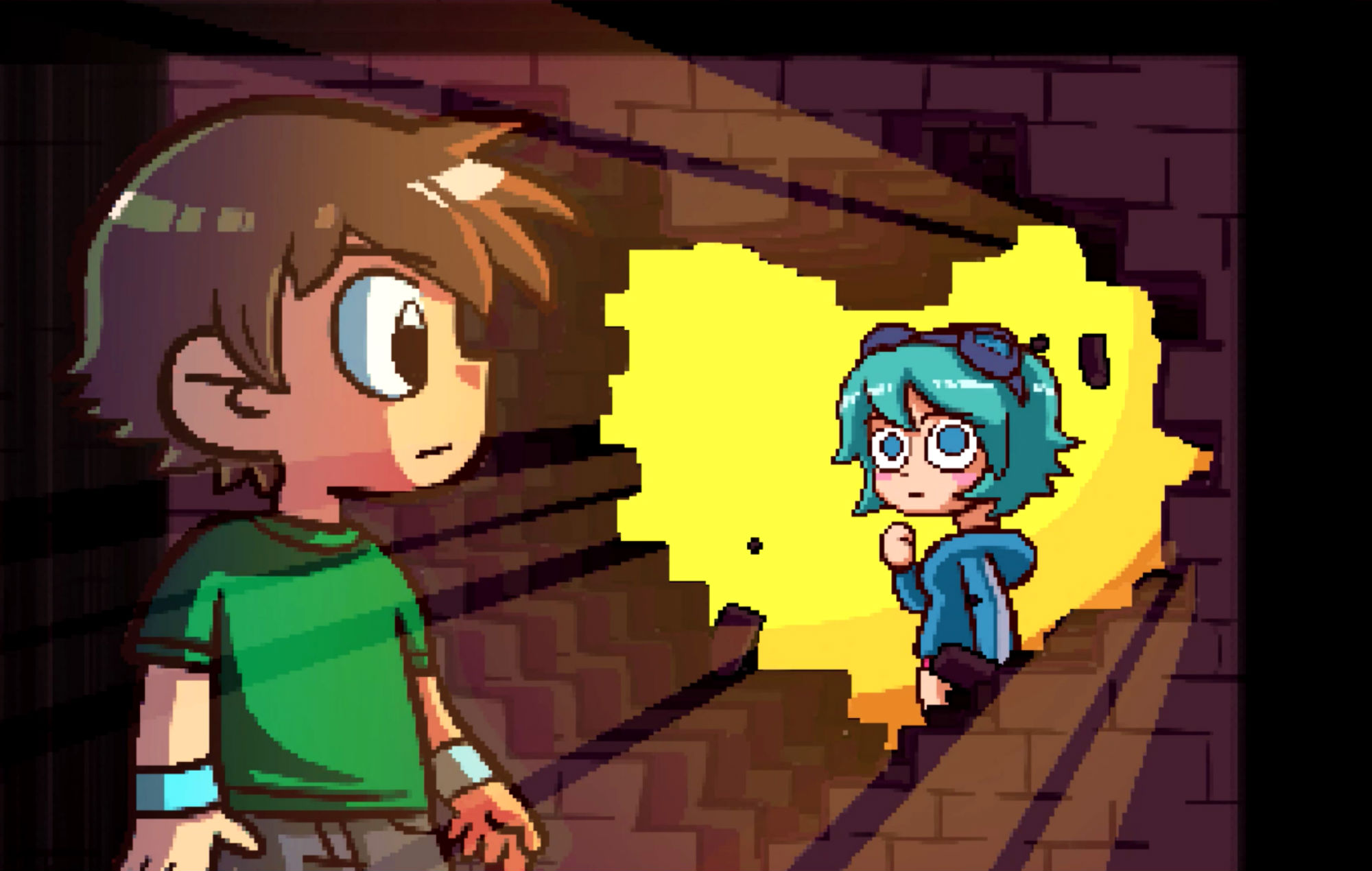 Scott Pilgrim and Ramona Flowers gaze at each other through a heart-shaped hole in a brick wall.