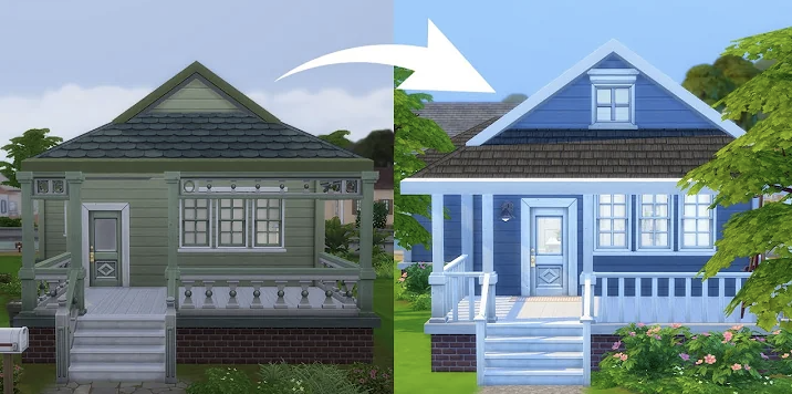 A side by side before and after image of a home that was renovated on "The Sims."