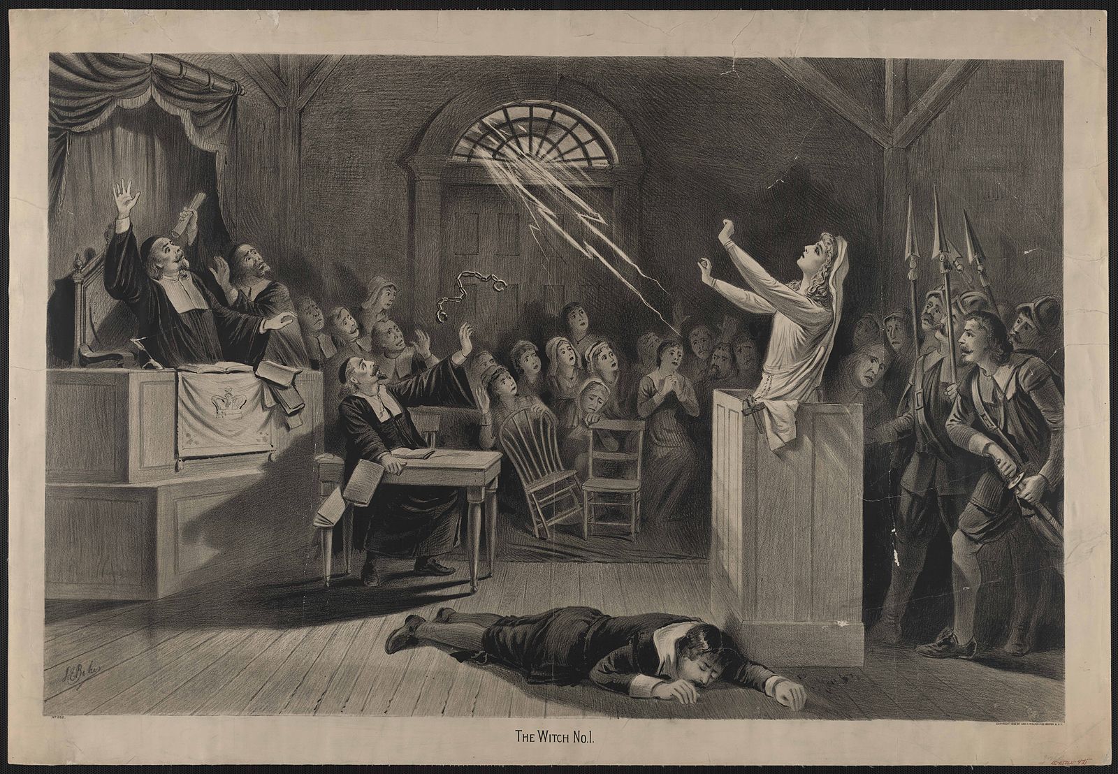 An artistic drawing of a witch casting spell in a 1600s courtroom as she stands at the podium and a man lays motionless at the base of her.