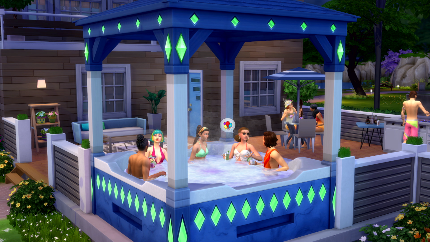 A group of Sims are relaxing in The Sims 20th anniversary hot tub. 