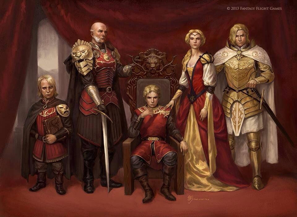 The Lannister family from left to right: Tyrion, Tywin, Joffrey, Cersei, and Jaime.