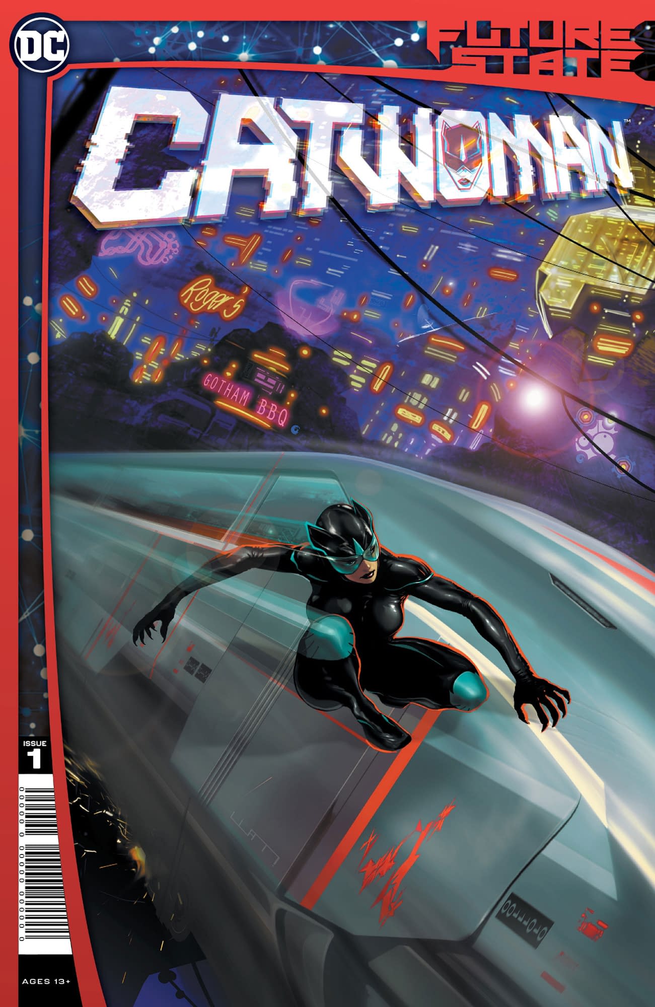 Catwoman crouches comfortably on the side of speeding train in future Gotham City. Cover art by Liam Sharp.