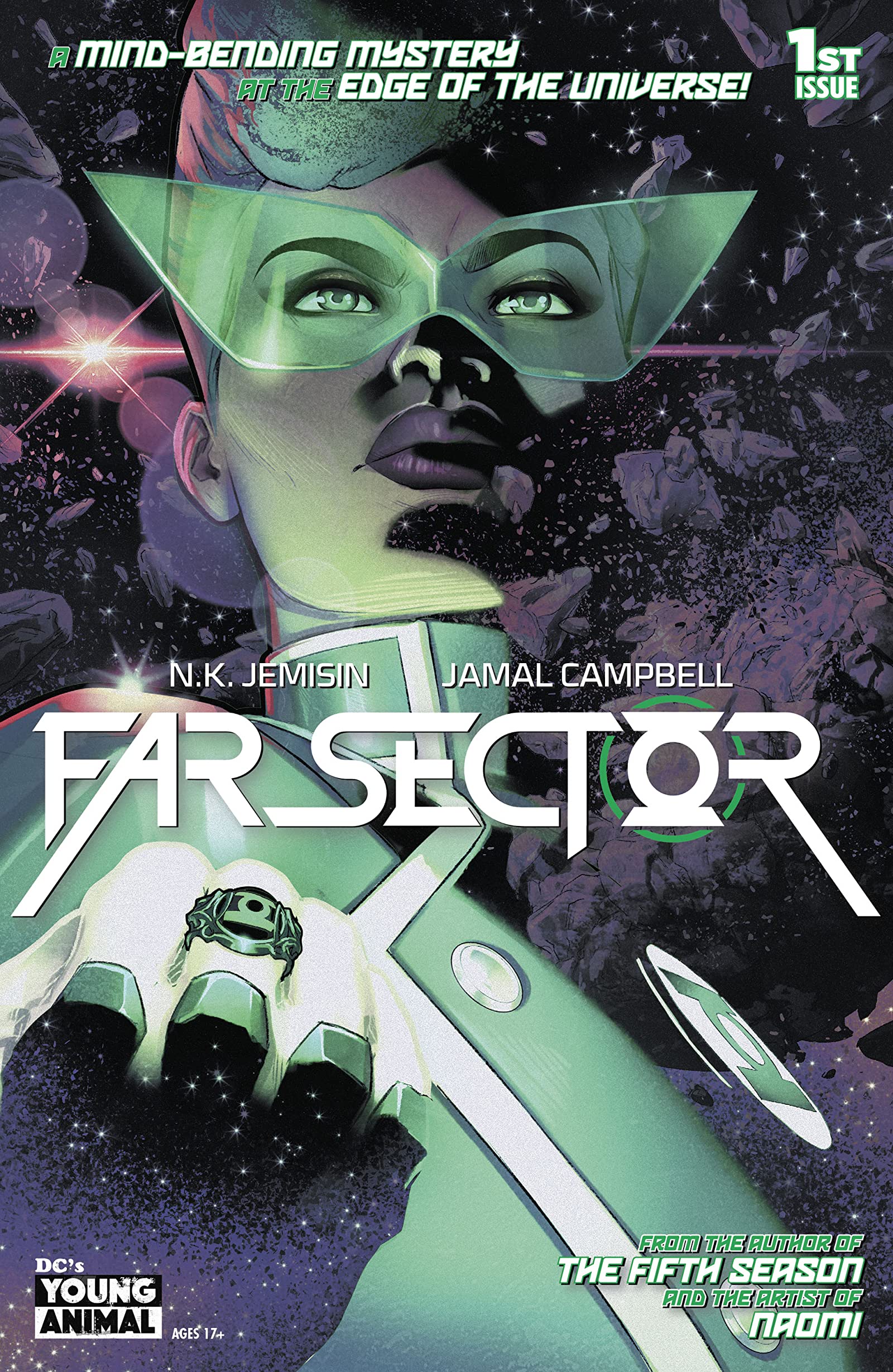 Jo Mullein looks through her trademark green visor and clinches her fist, bearing a Green Lantern ring. Cover art by Jamal Campbell. 