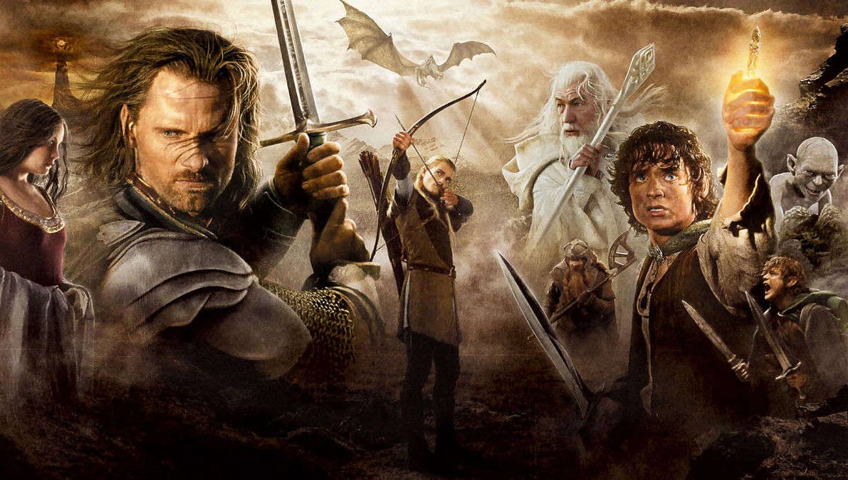 Featuring all of the main characters from The Lord of the Rings trilogy (from L to R): Arwen stares blankly into the distance, Aragorn holds a sword , Legolas prepares to shoot his bow and arrow, Gandalf holds his wizard staff, Gimli holds his axe, Frodo holds the Phial of Galadriel which provides him with light, Gollum stares maniacally and Sam yells as he prepares for battle.