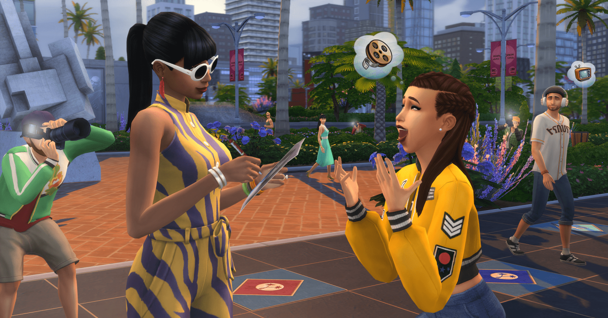 A celebrity Sim is signing an autograph for a fan in the expansion pack, "The Sims 4: Get Famous."