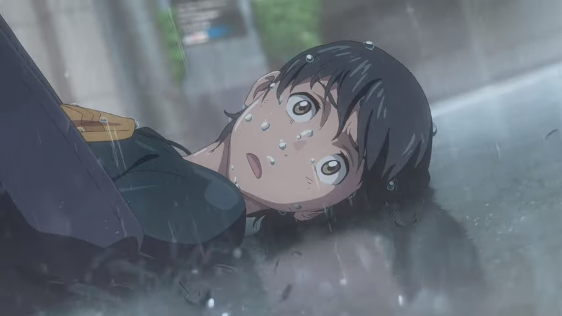 Hodaka is thrown to the ground trying to help Hina escape from bad company in 2019 Shinkai film, Weathering with You.