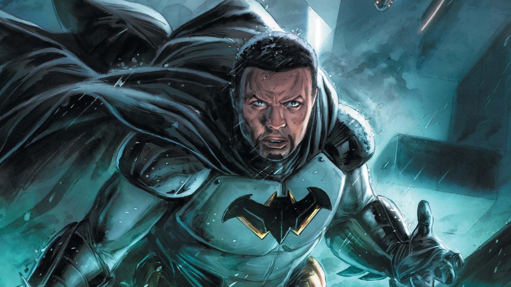 The Next Batman, Tim Fox, stands in the bat suit but unmasked. Cover art by Doug Braithwaite. 