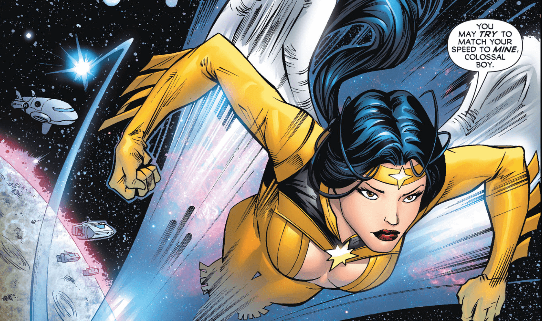 Dawnstar soars through space as great speed wearing her iconic gold costume. Art by Yildiray Cinar.