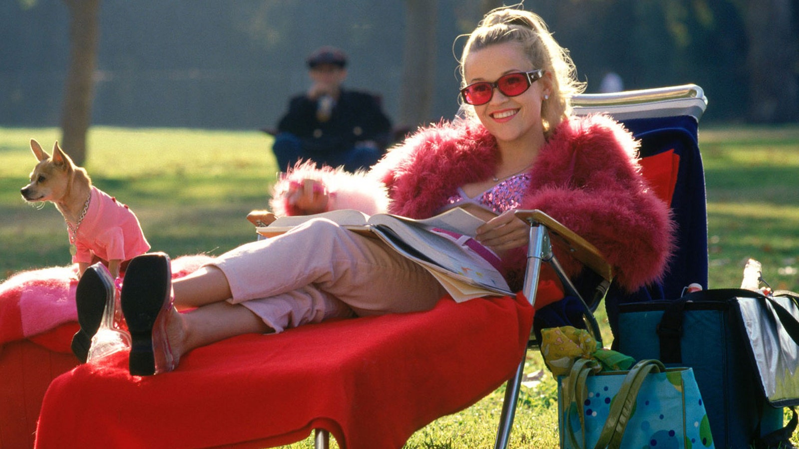 Elle Woods of Legally Blonde studying for exams and looking great!