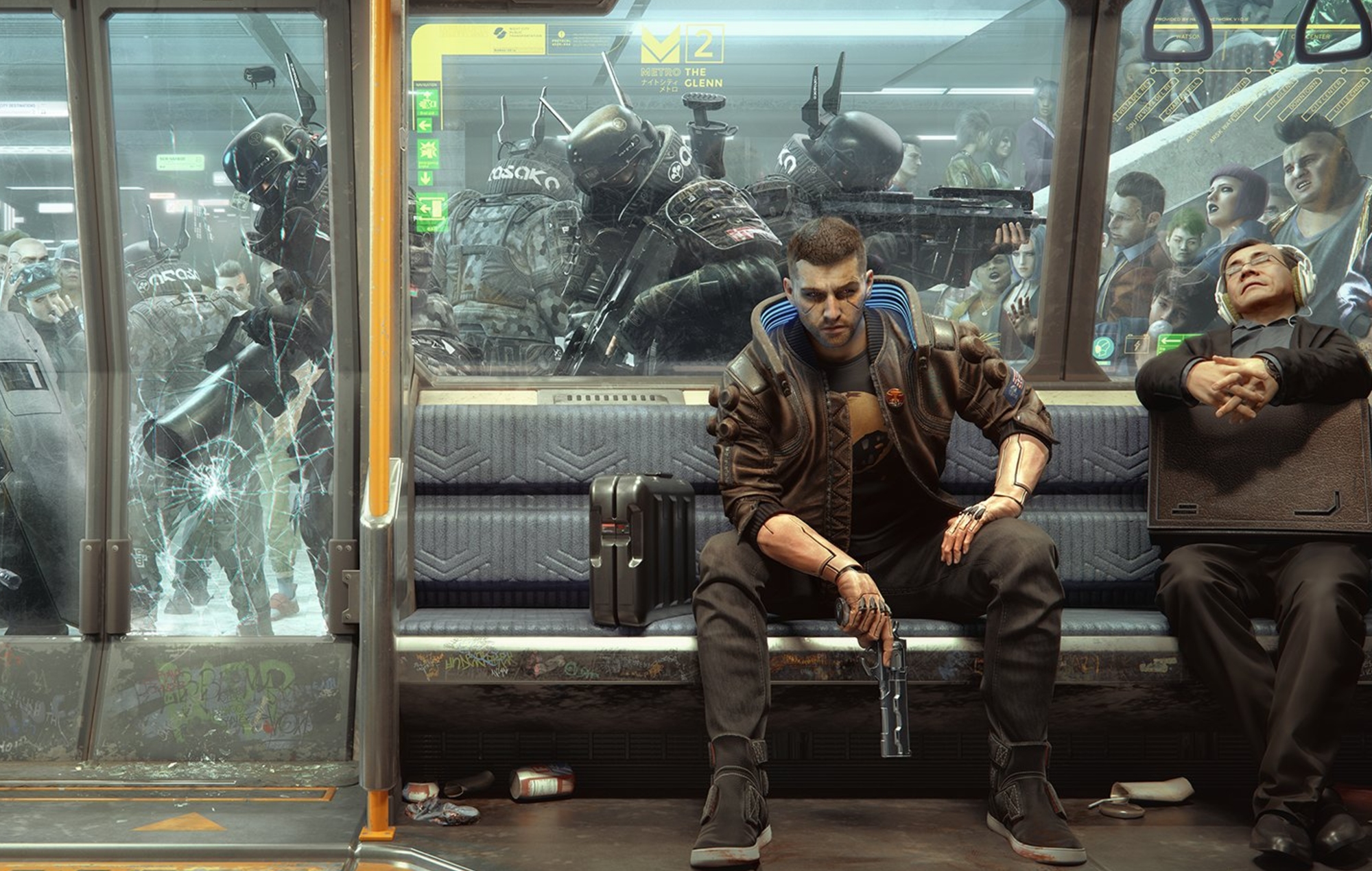 "Cyberpunk 2077's" main character sits in a subway train, holding a gun, while authorities break through the glass door.