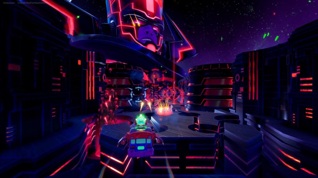 Players fly the upgraded Battle Bus through trenches in Galactus's arm. (Source: The Outerhaven)