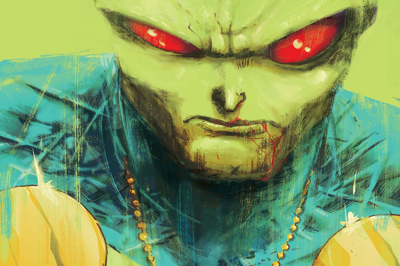 Martian Manhunter has a stern look on his face. He stares straight ahead with bright red eyes.