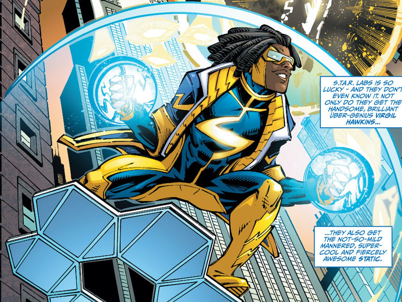 Static soars on a metal platform as his hands glow from using his electromagnetic powers. He is wearing his blue and yellow trench coat-like costume with a lightning bolt "S" on his chest.