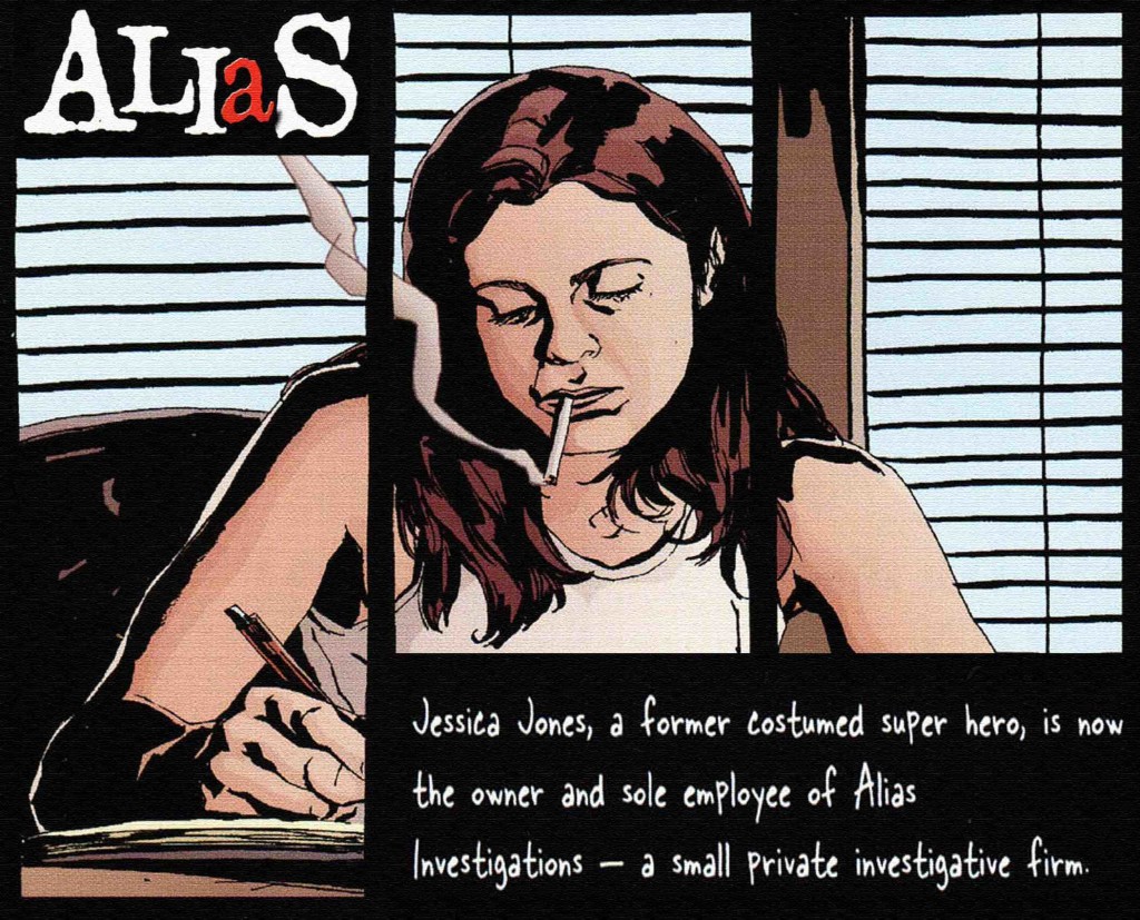 Jessica Jones, a young woman, sits in her office wearing a tank top and smoking a cigarette while working on paper work. 