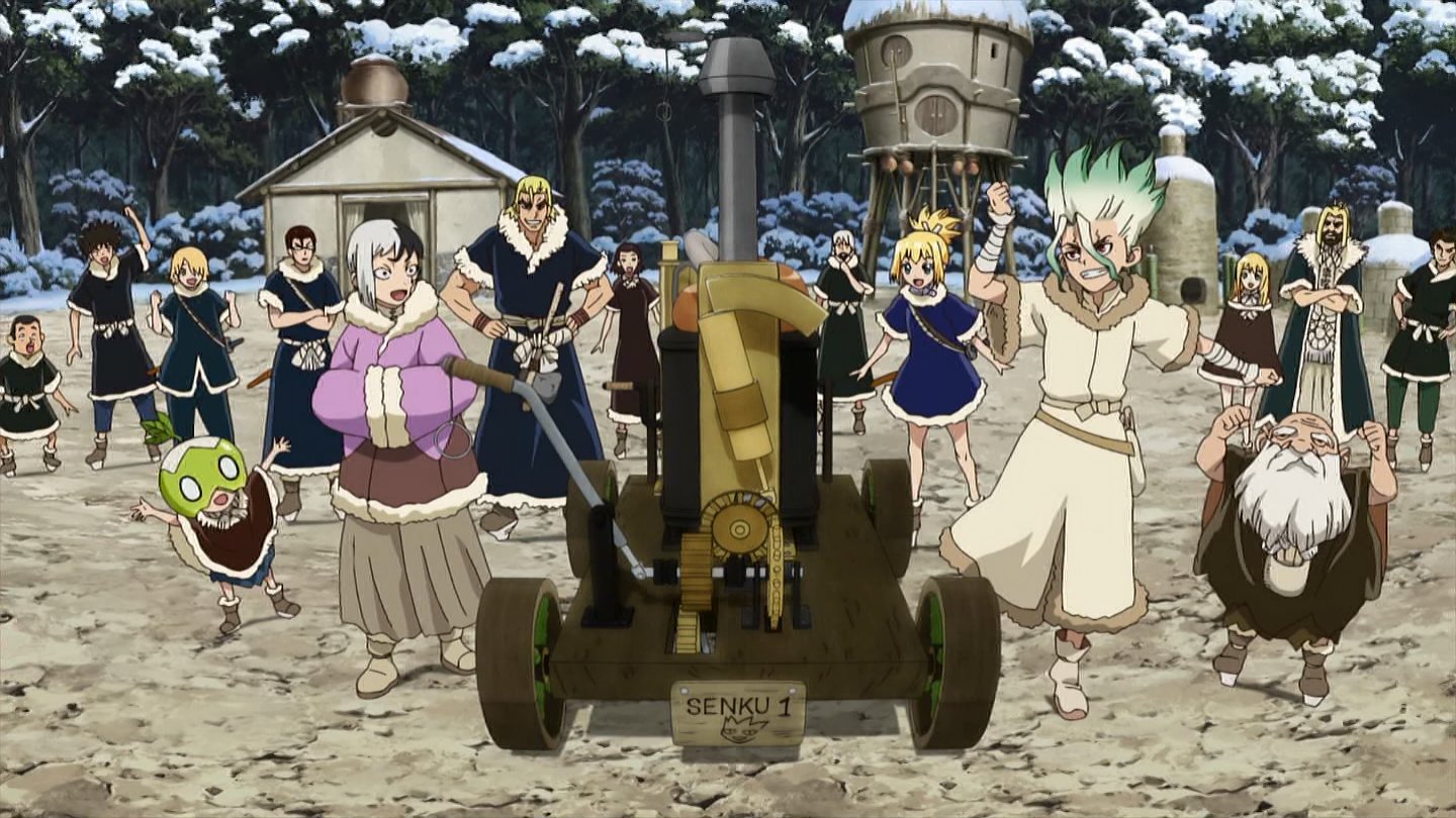 Senku and the members of his Kingdom of Science running alongside their steam-powered wagon. 