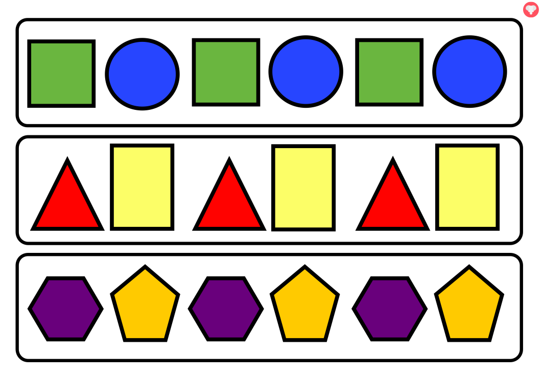 3 sets of patterns based on color and shape.