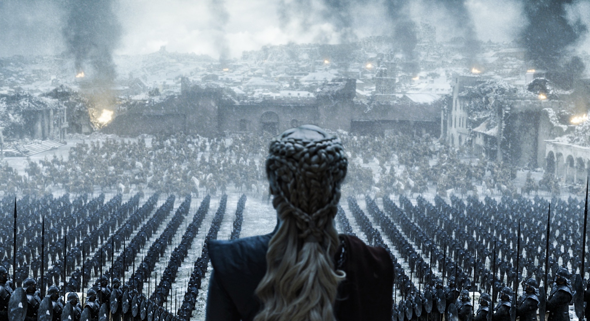 A shot taken from behind Khaleesi's head as she overlooks her army after defeating Cersei at King's Landing.