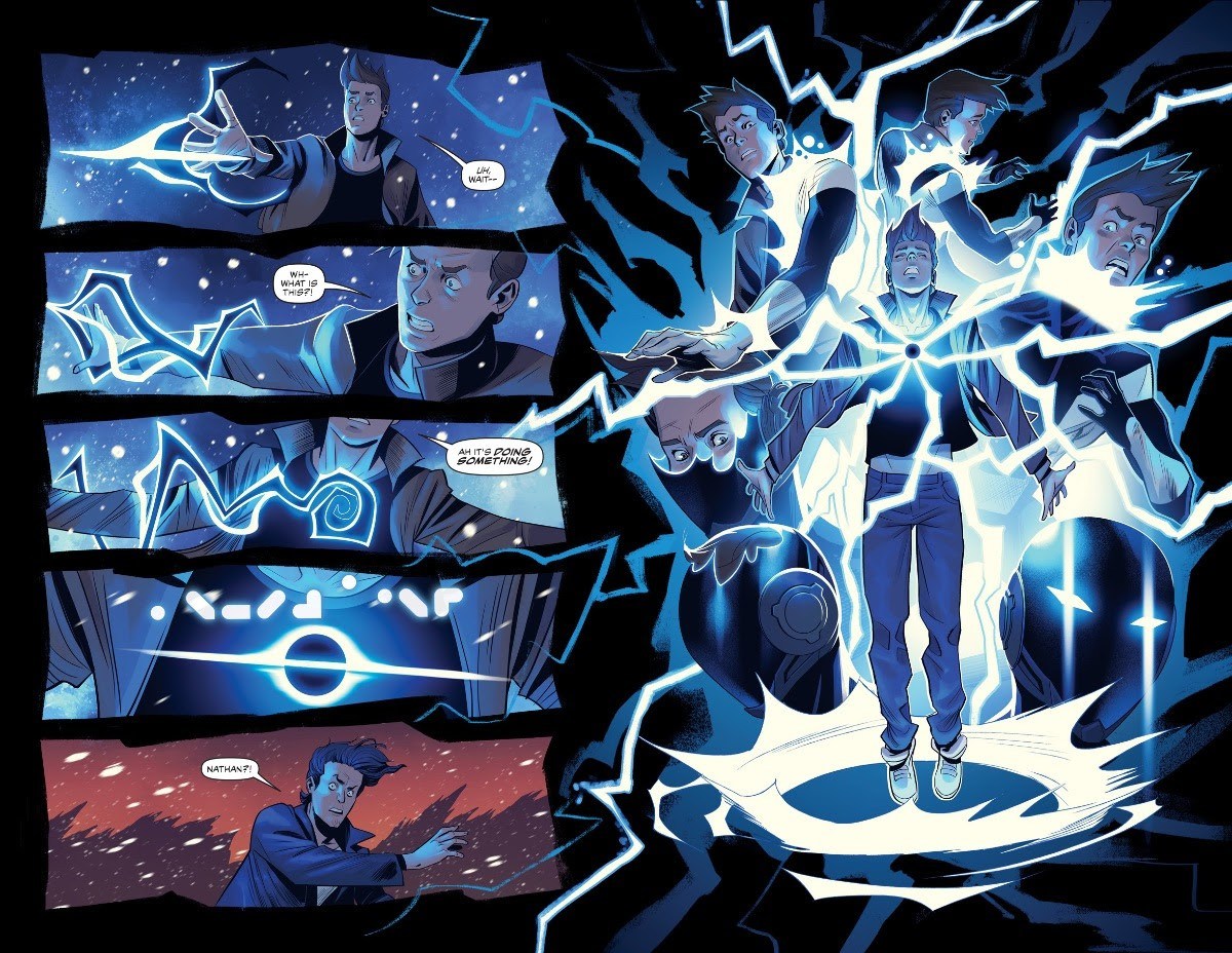 Nathan grabs a mysterious mini black hole and is engulfed in bright blue and white, lightning-like energy. He is transforming.