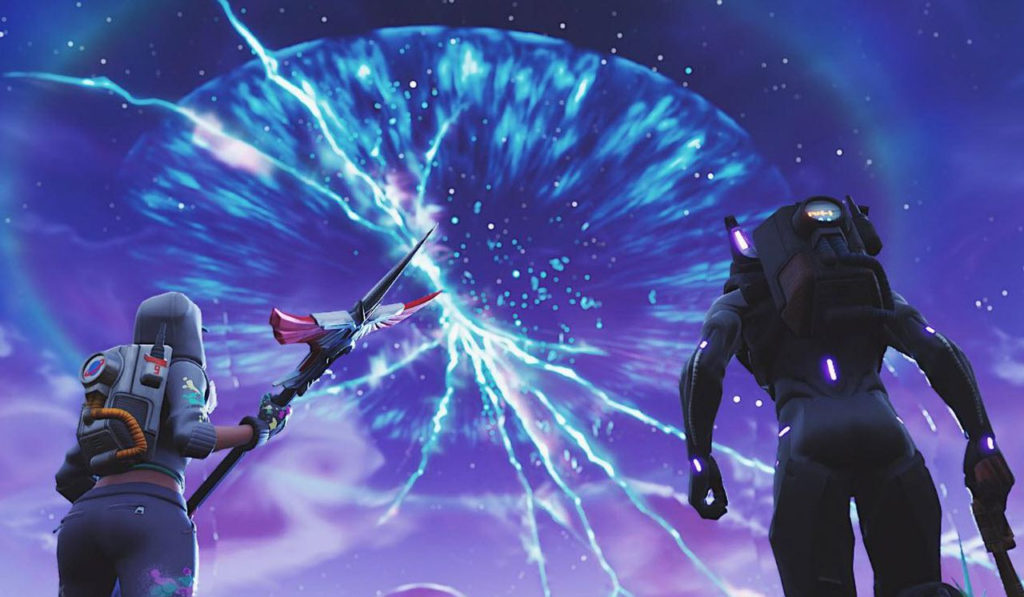 A brilliant rift leaves cracks in the sky, as Fortnite characters watch in amazement (Source: Kotaku Australia).