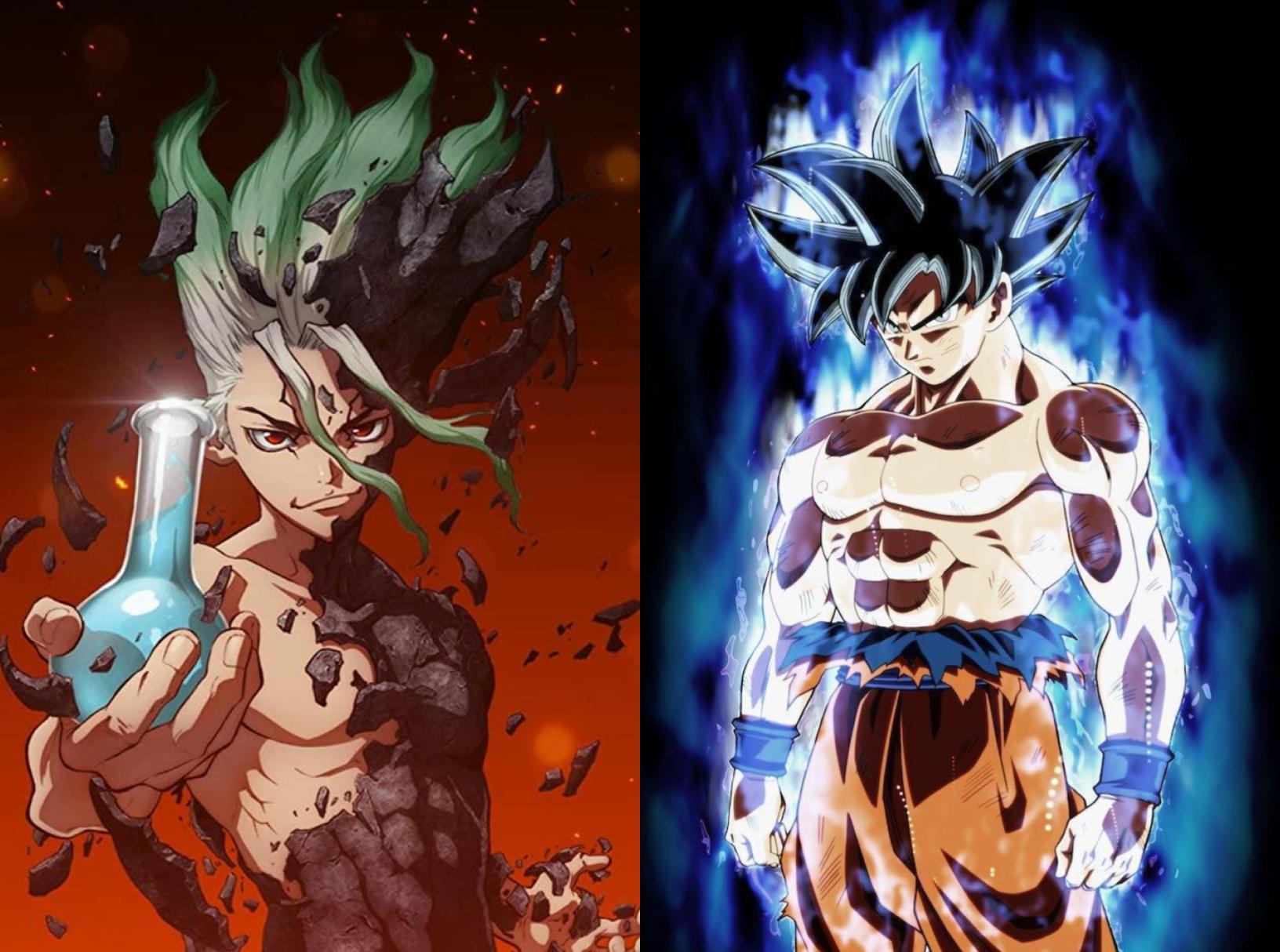 Senku, brandishing a beaker and bursting out of stone, alongside Goku, glowing with power. 