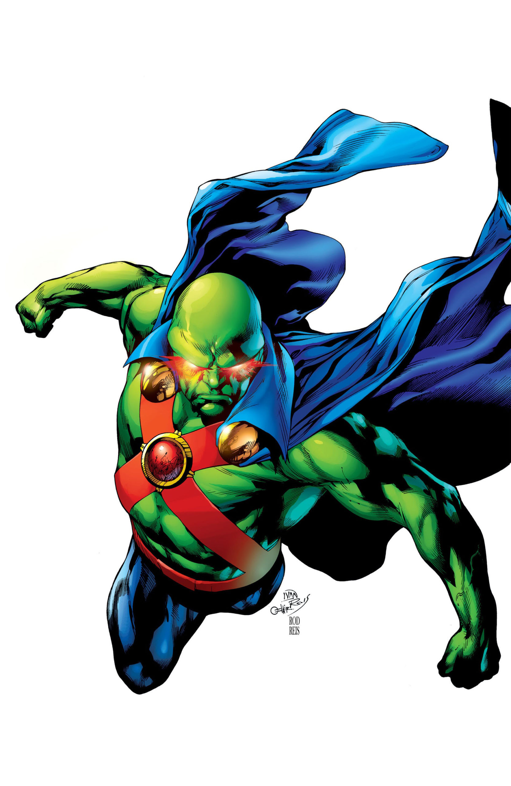 Possibly the most underrated comic character, Martian Manhunter, soars forward in an action-ready pose. His blue cape ruffles, his eyes glow, and his chest bears a large red "X."